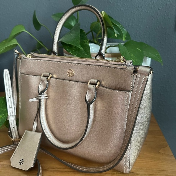 Tory Burch Robinson Small Double-Zip Tote Rose Gold Handbag - Picture 3 of 15